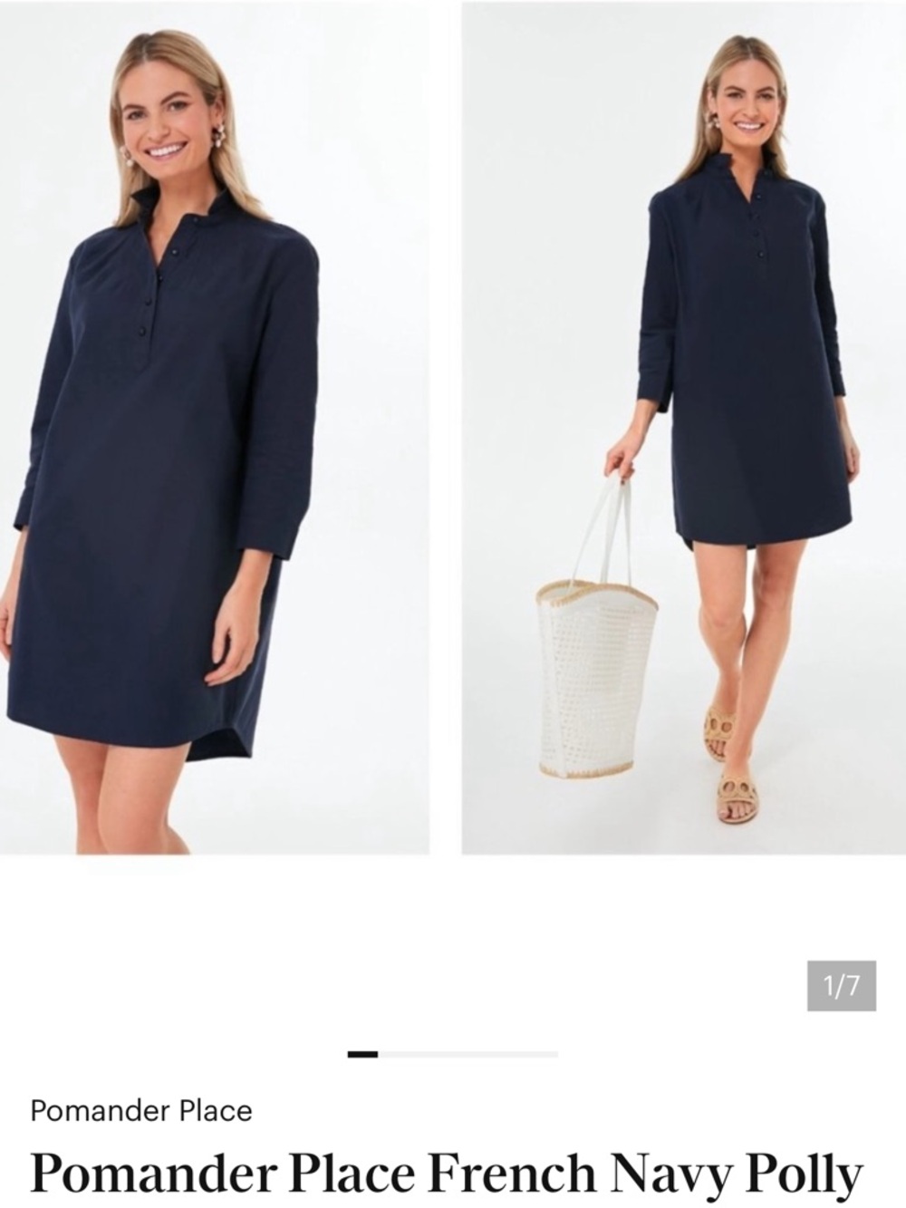 Pomander Place Navy Button-Placket Shift Dress